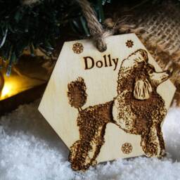Poodle Personalised Wooden Bauble Ornament Dog Name Breed Gift Quirky Rustic Laser Wood Burned Ornate Lover Pet Decoration - thumbnail 2