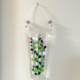 Fused Glass Wall Vase, Blooming Branches Design, Handmade Pink & Purple Pocket Vase - thumbnail 2