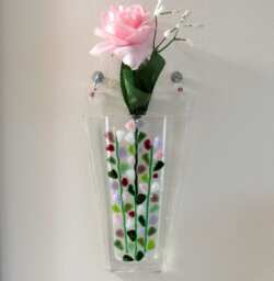 Fused Glass Wall Vase, Blooming Branches Design, Handmade Pink & Purple Pocket Vase - thumbnail 1