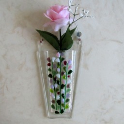 Fused Glass Wall Vase, Blooming Branches Design, Handmade Pink & Purple Pocket Vase - thumbnail 3