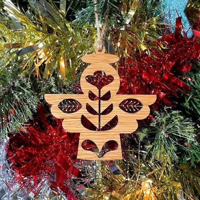 Wooden Folk Angel Christmas Tree Decoration - Beautiful Xmas Ornament in Oak, Walnut Cherry Wood Or Silver, Gold, Red, Green Glitter - image 1