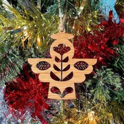 Wooden Folk Angel Christmas Tree Decoration - Beautiful Xmas Ornament in Oak, Walnut Cherry Wood Or Silver, Gold, Red, Green Glitter - thumbnail 1