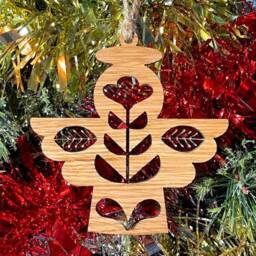 Wooden Folk Angel Christmas Tree Decoration - Beautiful Xmas Ornament in Oak, Walnut Cherry Wood Or Silver, Gold, Red, Green Glitter - thumbnail 3