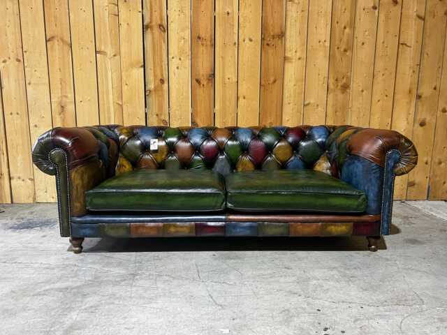 Vintage Chesterfield 3 Seater Sofa - Multicoloured Patchwork Antique Leather Couch British Handmade Living Room Furniture - image 1