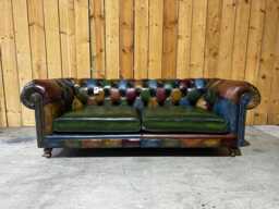 Vintage Chesterfield 3 Seater Sofa - Multicoloured Patchwork Antique Leather Couch British Handmade Living Room Furniture - thumbnail 1