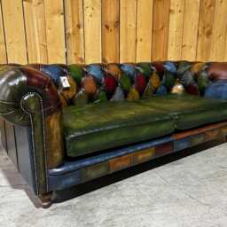 Vintage Chesterfield 3 Seater Sofa - Multicoloured Patchwork Antique Leather Couch British Handmade Living Room Furniture - thumbnail 3