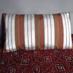 Cushion Cover, Silk, Japanese Vintage Obi, Silver, Red, Green, Striped, Obi Pillow - thumbnail 2
