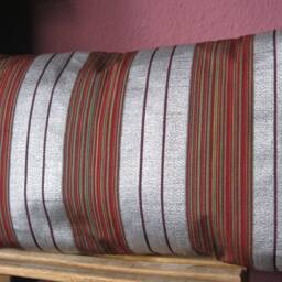 Cushion Cover, Silk, Japanese Vintage Obi, Silver, Red, Green, Striped, Obi Pillow - thumbnail 3