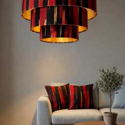 Handmade By Order Red Black & Gold Paint Texture Abstract Pattern Print On Velvet Two Three Tier Pendant Lamp Shade - thumbnail 2
