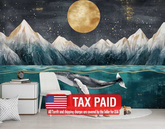 Art Deco Whale Mural, Ocean Mountains Nursery Wallpaper, Peel & Stick Decal - image 1