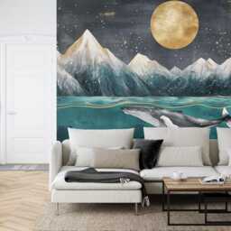 Art Deco Whale Mural, Ocean Mountains Nursery Wallpaper, Peel & Stick Decal - thumbnail 2