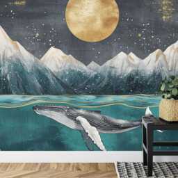 Art Deco Whale Mural, Ocean Mountains Nursery Wallpaper, Peel & Stick Decal - thumbnail 3