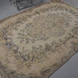 5.7x8.5 Ft Large Rug, Vintage Beige Wool Oushak Rugs For Dining Room, Turkish Outdoor Living Room - thumbnail 2