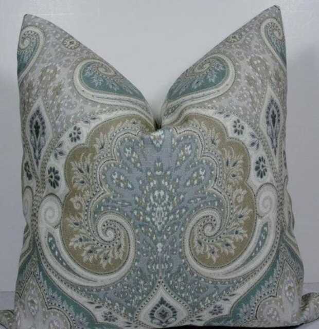 Kravet Latika Damask Paisley Medallion Seafoam Pillow Cover, Linen Decorative Cushion in Designer Fabric , Both Sides - image 1