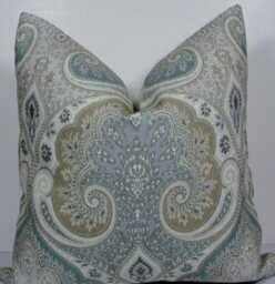 Kravet Latika Damask Paisley Medallion Seafoam Pillow Cover, Linen Decorative Cushion in Designer Fabric , Both Sides - thumbnail 1