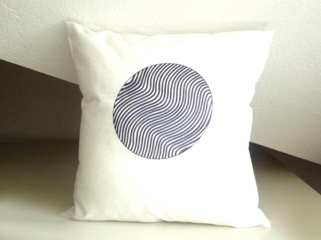 White Geometric Decorative Pillow, & Blue Circle Embroidery Throw Pillow Cover, 16x16 Inches, Minimal Decorative Pillow - image 1