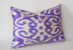 Violet White Silk Ikat Pillow Cover Handmade Uzbek Cushion - thumbnail 1