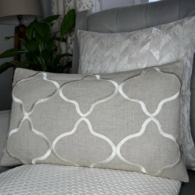 "Natural Beige - Embroidered Cushion Cover Throw Pillow Double Sided Designer Clarke & Leyla Fabric Size 12"" X 20" - image 1