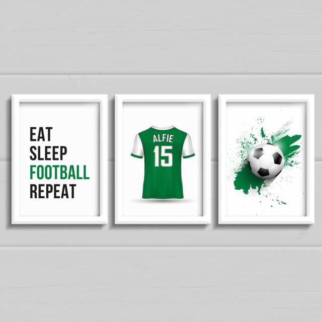 Green Football Bedroom Prints, Set Of 3 Personalised Boys Wall Art Any Colour Football Prints With Name, Eat Sleep Repeat - image 1