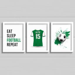 Green Football Bedroom Prints, Set Of 3 Personalised Boys Wall Art Any Colour Football Prints With Name, Eat Sleep Repeat - thumbnail 1