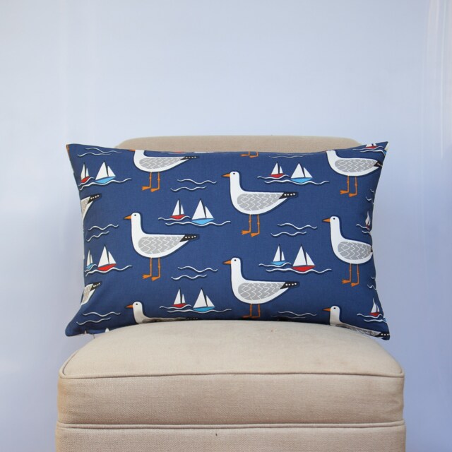 By The Sea Gull Xl Rectangular Cushion Cover. Navy Blue Nautical Inspired Seagull & Yacht Boat Print. 23X15 - image 1