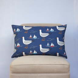 By The Sea Gull Xl Rectangular Cushion Cover. Navy Blue Nautical Inspired Seagull & Yacht Boat Print. 23X15 - thumbnail 1