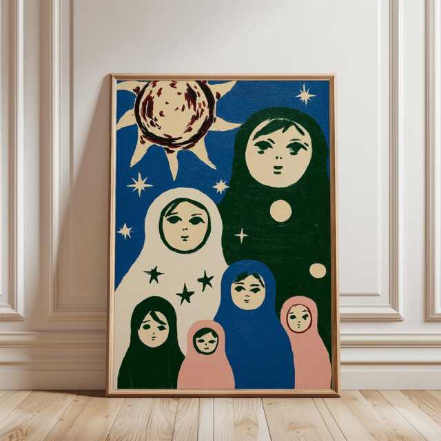 Matryoshka Doll Poster - Celestial Folk Art Illustration Russian Nesting Dolls Print - image 1