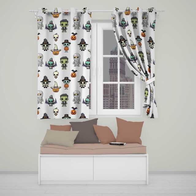 Cute Halloween Characters Pumpkin Bat Ghost Seamless Pattern Readymade Eyelet Ring Top Thermal 100% Blackout Curtains - image 1