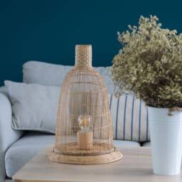 Handmade Woven Bamboo Table Lamp - Rustic Tall Basket & Rattan Base - thumbnail 3