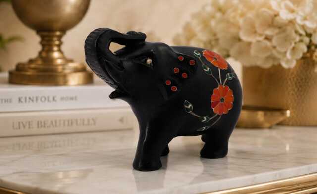 Pietra Dura Black Marble Inlay Elephant Floral Carving Statuette - 6 Inch - image 1