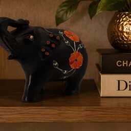 Pietra Dura Black Marble Inlay Elephant Floral Carving Statuette - 6 Inch - thumbnail 3