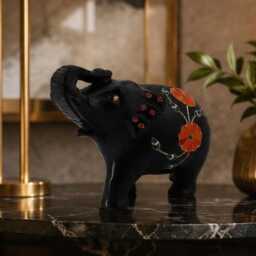 Pietra Dura Black Marble Inlay Elephant Floral Carving Statuette - 6 Inch - thumbnail 2