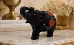 Pietra Dura Black Marble Inlay Elephant Floral Carving Statuette - 6 Inch