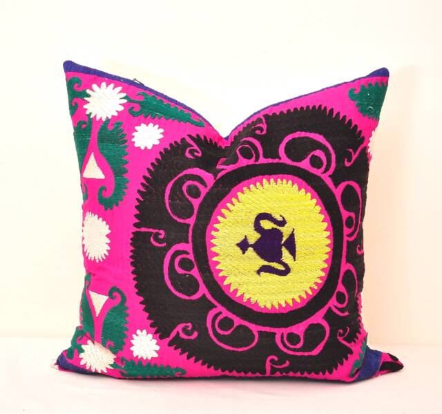 Hand Embroidered Suzani Pillow Cover, Multicolor Uzbek Cushion - 18x18 - image 1