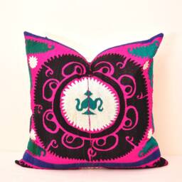 Hand Embroidered Suzani Pillow Cover, Multicolor Uzbek Cushion - 18x18 - thumbnail 3