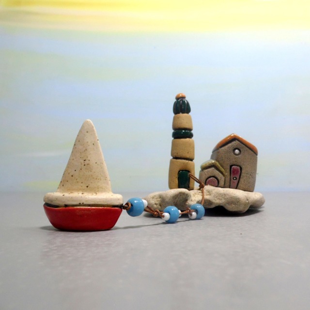 Ceramic House Sculpture, Lighthouse, Beach Stone, Sailboat Decor - image 1
