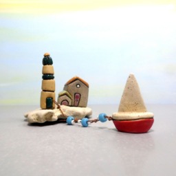 Ceramic House Sculpture, Lighthouse, Beach Stone, Sailboat Decor - thumbnail 3