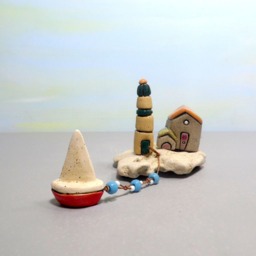 Ceramic House Sculpture, Lighthouse, Beach Stone, Sailboat Decor - thumbnail 2