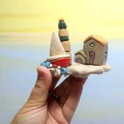 Ceramic House Sculpture, Lighthouse, Beach Stone, Sailboat Decor - thumbnail 4