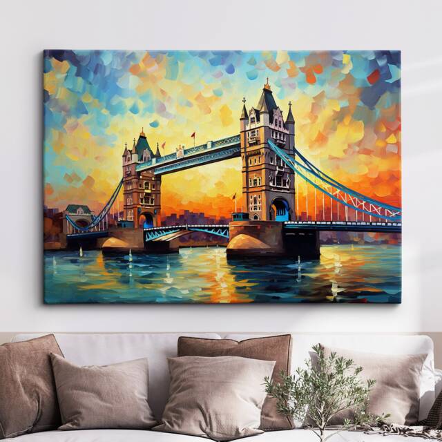 London Bridge Landmark Oil Painting Style Wall Art, Framed Calming Canvas Poster Print Home/Office Room Decor Gifts - image 1