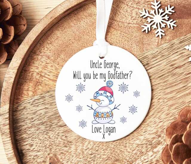 Godfather Proposal Christmas Bauble, Will You Be My Godfather, Snowman Godparents Decoration - image 1