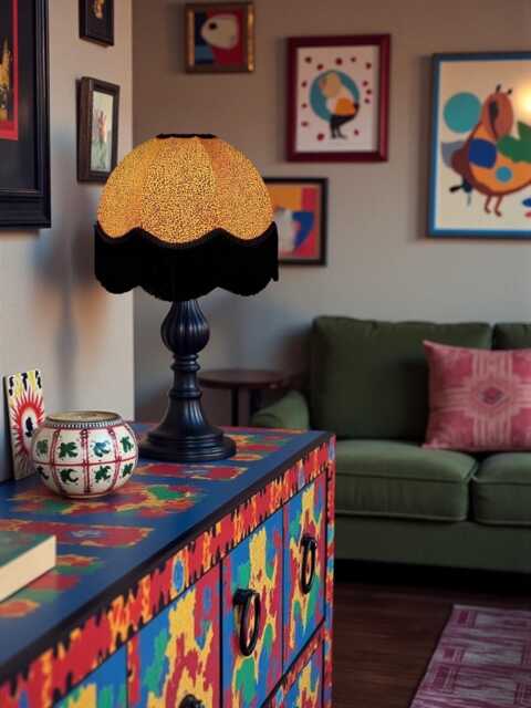 Traditional Ochre Gold Animal Print Dome Lampshade With Black Fringe, Made in The UK - Animal Fabric Lamp Shades - image 1