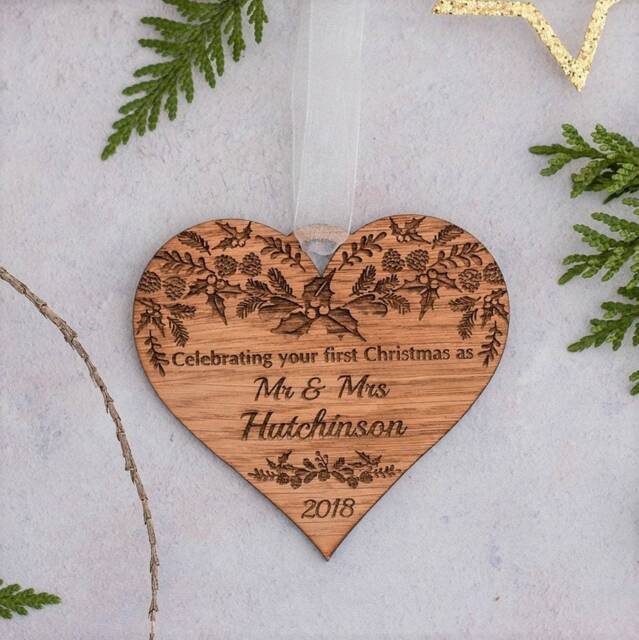 Mr & Mrs Ornament First Christmas Bauble Personalised Heart Rustic Xmas Decorations Engraved Wooden Newlywed - image 1