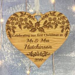 Mr & Mrs Ornament First Christmas Bauble Personalised Heart Rustic Xmas Decorations Engraved Wooden Newlywed - thumbnail 2