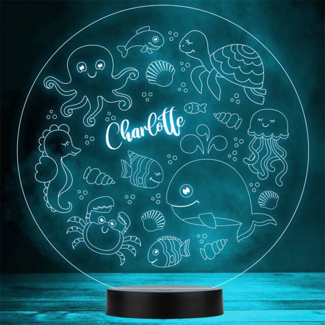 Kids Cute Sealife Animals Round Personalised Gift Colour Change Led Night Light - image 1