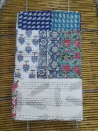 Handmade Indian Kantha Quilt Block Print Patchwork Cotton Bed Cover - thumbnail 1