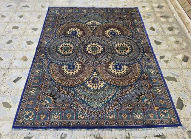 Handmade Persian Mahi Wool Rug 5x7 Ft Navy, Cream & Teal Floral - image 1