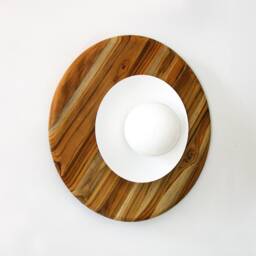 Mid Century Large Round Teak Wood & White Glass Globe Sconce Light Kitchen Wall Lighting Foyer - thumbnail 3