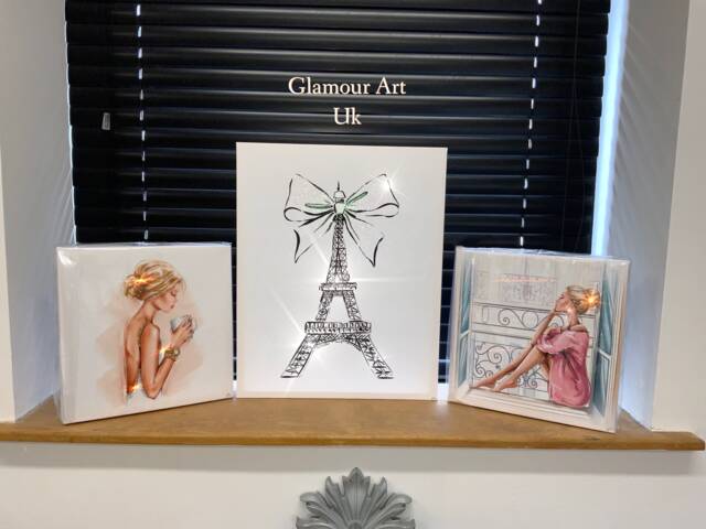 Paris Eiffel Tower Sparkle Wall Art, Rhinestone Glam Canvases, Set Of Three - image 1