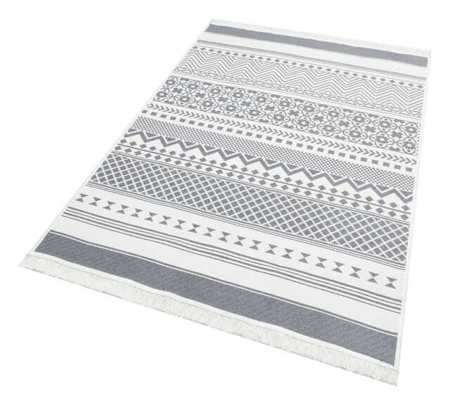 Gray & White Boho Rug Recycled Cotton Kilim With Tribal Design - image 1